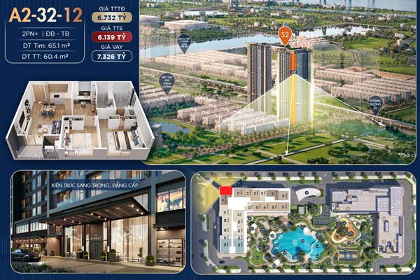 CĂN GÓC 12 TÒA A2 | A2-xx-12 (2 NGỦ+ / 60,4m2) BC: TÂY BẮC, ĐÔNG BẮC 